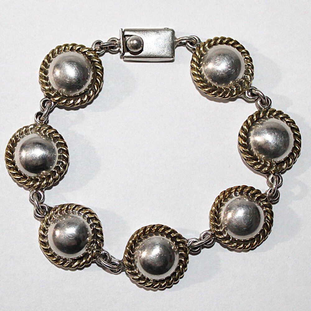 Vintage Mexico Sterling Silver & Brass Button Bracelet 34 Grams